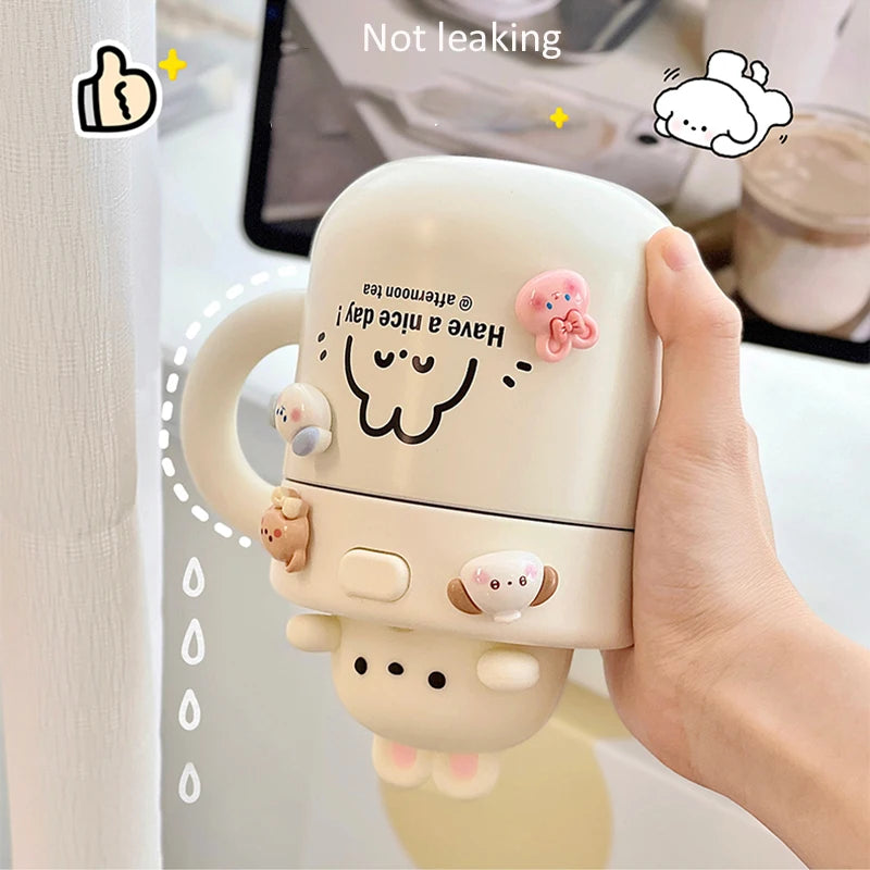 Kawaii Bear Stainless Steel Thermal Cup with Straw Lid