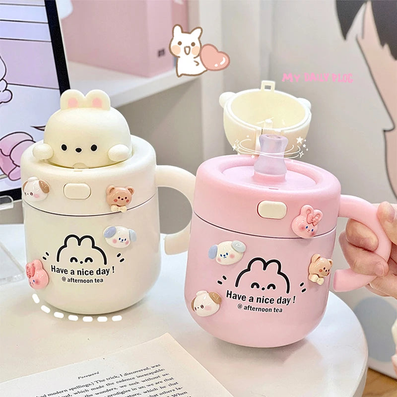 Kawaii Bear Stainless Steel Thermal Cup with Straw Lid