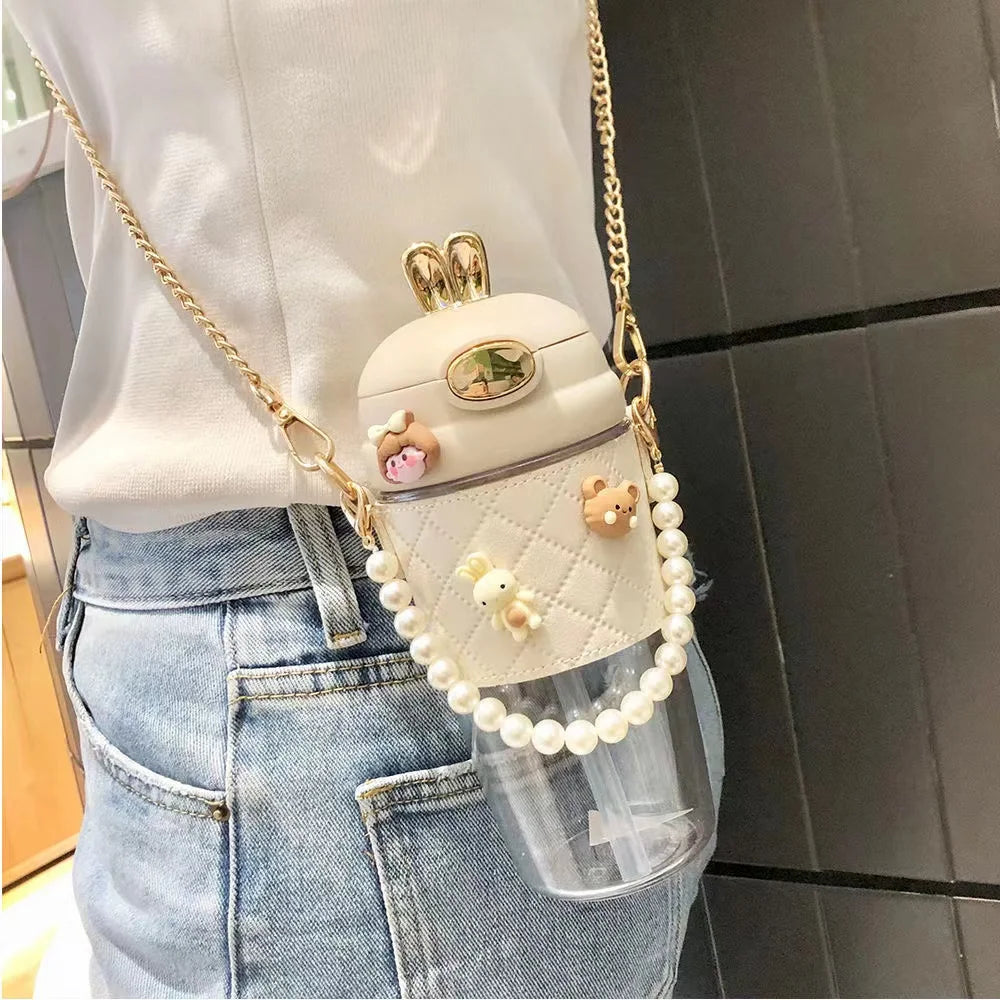 Kids Chic Eco-Friendly Plastic Water Bottle with Straw- Cute Leakproof Chain Mug for Summer Outdoor Travel