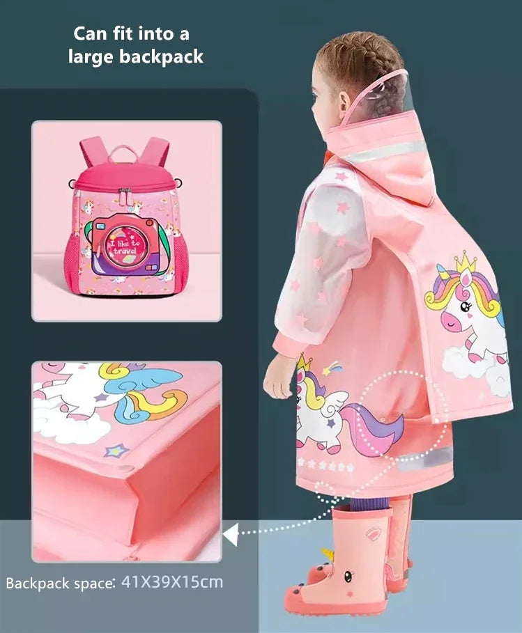 Cute Kids Raincoat Wateproof Children Unicorn Rain Poncho Rain Coat Jacket With Backpack Position Student RainWear Girls