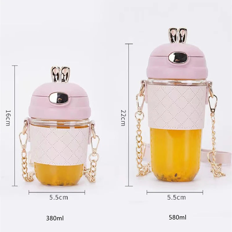 Kids Chic Eco-Friendly Plastic Water Bottle with Straw- Cute Leakproof Chain Mug for Summer Outdoor Travel